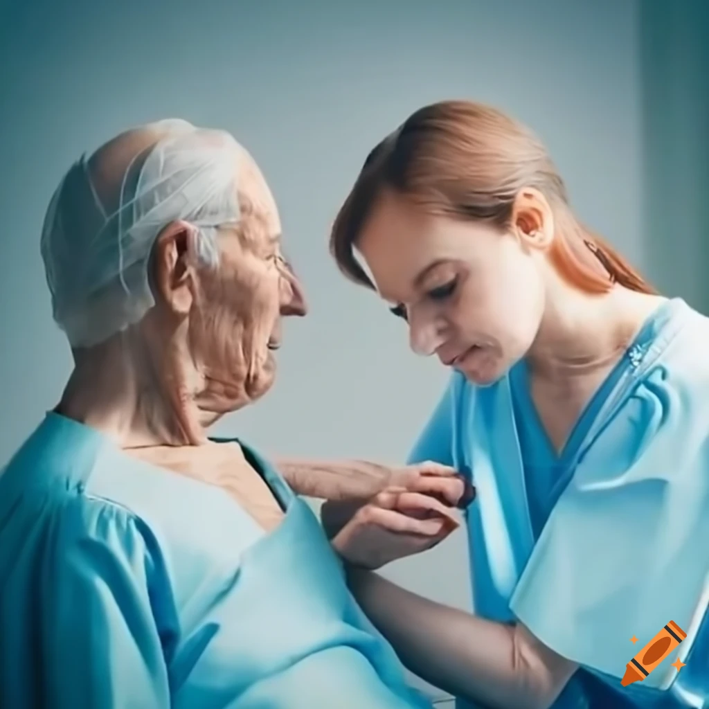 Nurse caring for elderly man in hospital