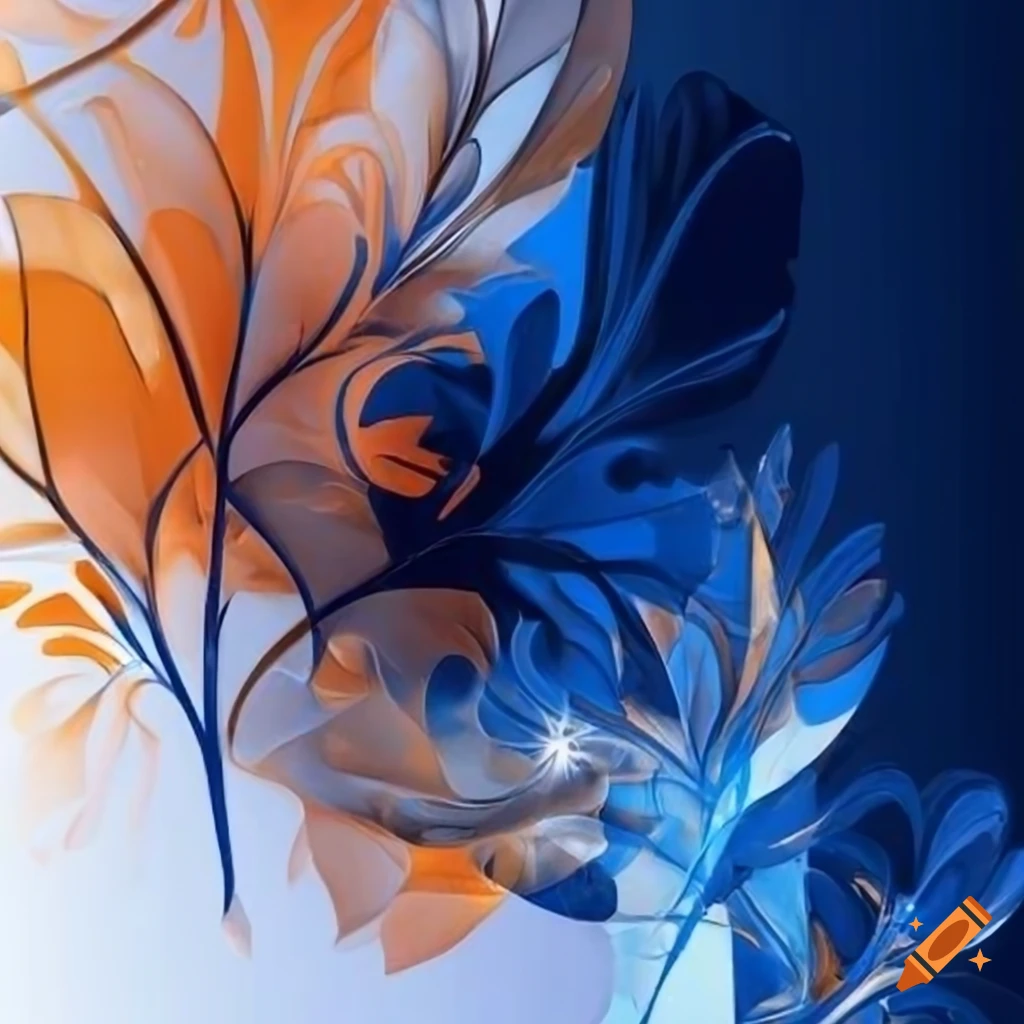 Abstract artwork with transparent leaves and flowers in silver, platinum, orange, navy blue, and golden hues on white background