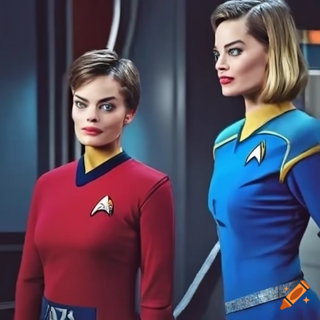Margot Robbie boxing in a blue Star Trek uniform