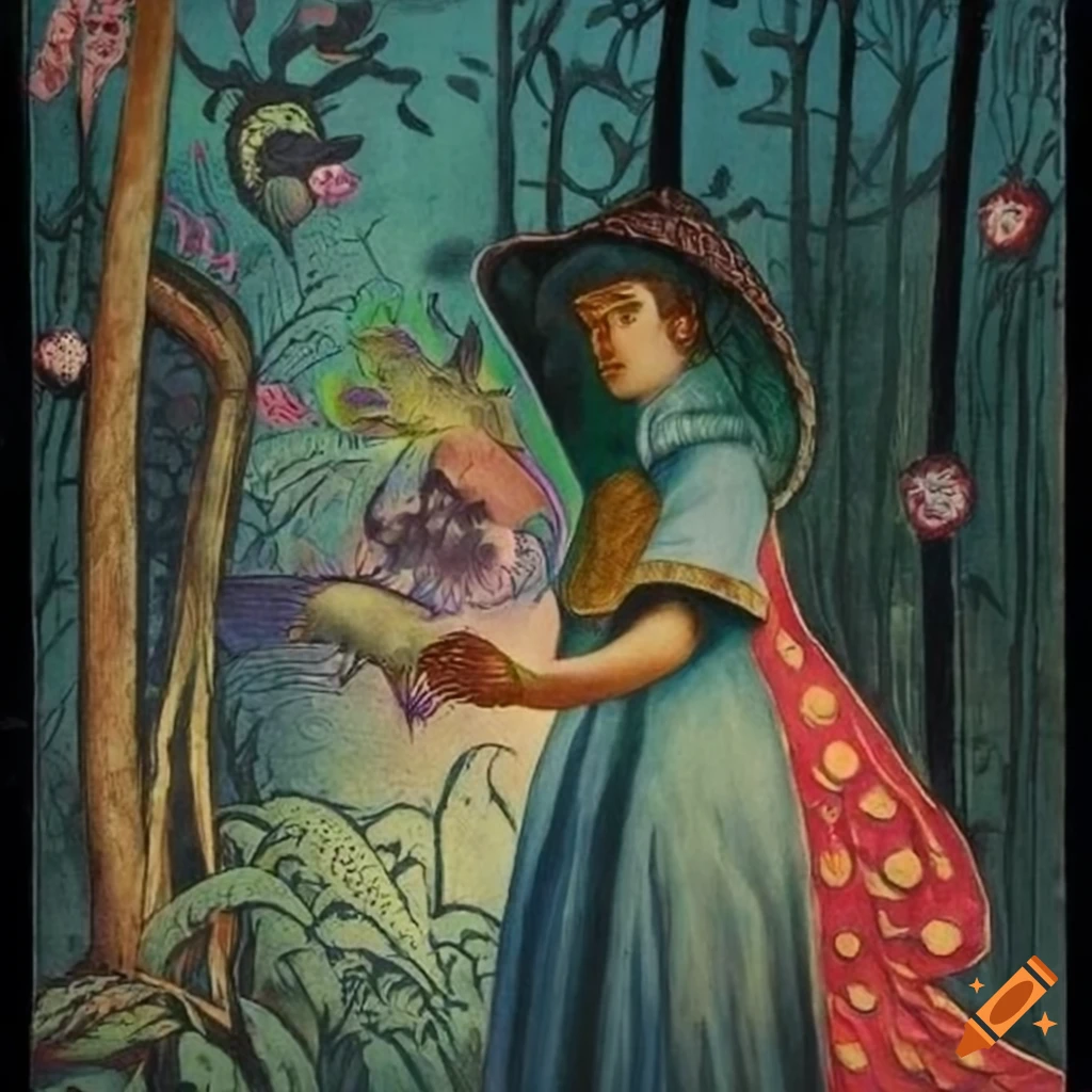 Illustration of Curandera Raven and Mother Goose in dark hooded cape and elegant peacock attire