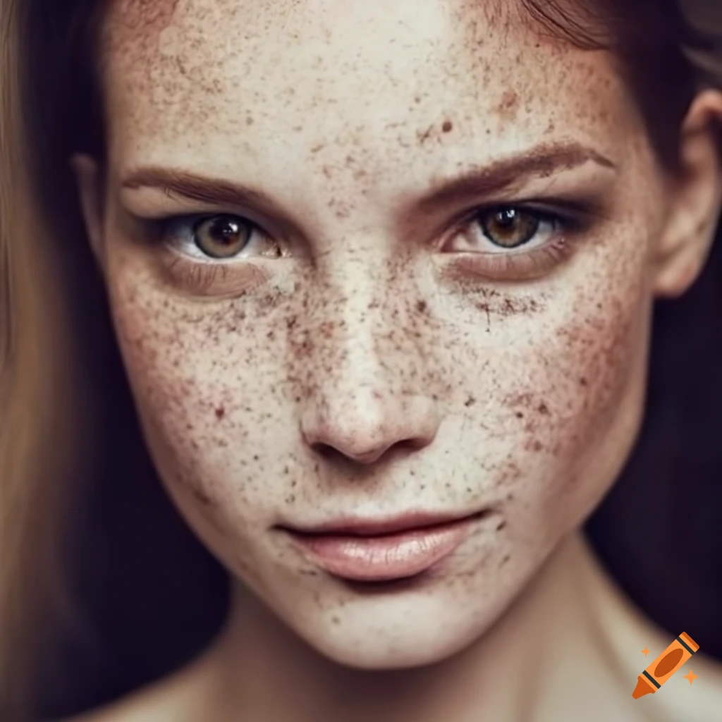 Beautiful young woman smiling with freckles and dark hair in a high-resolution portrait