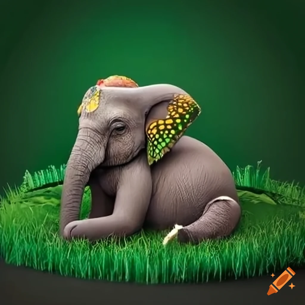 Sleeping elephant with butterflies on a grass glass