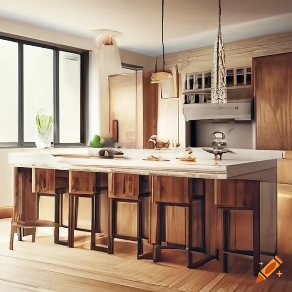 Kitchen and living room with wood and stone details