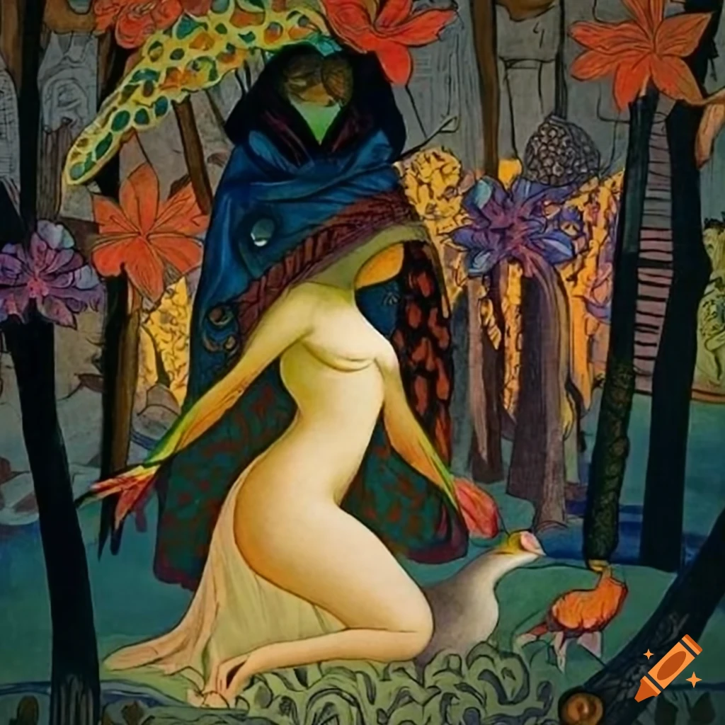 Illustration of a mystical Curandera Raven and elegant Mother Goose