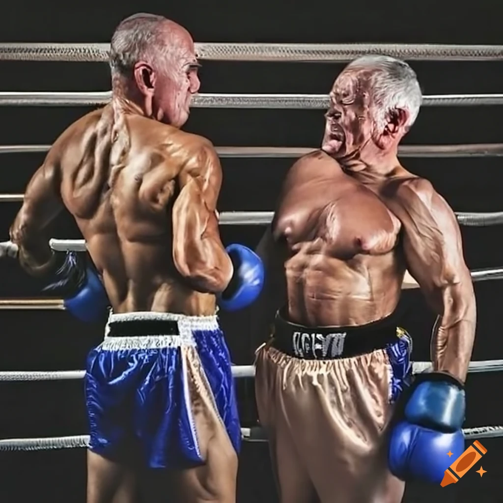 Muscular senior boxers facing off in the ring