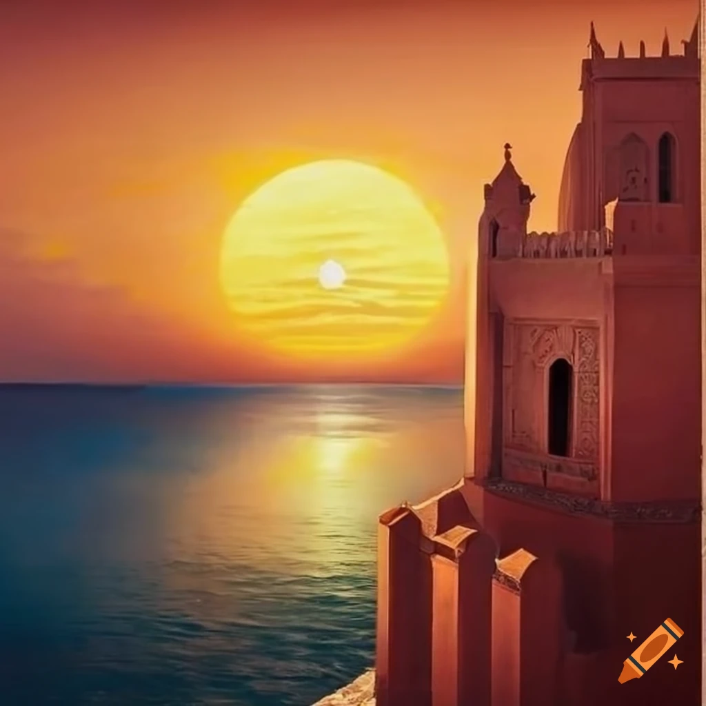 Renaissance painting of a kasbah overlooking a serene sunset over the sea