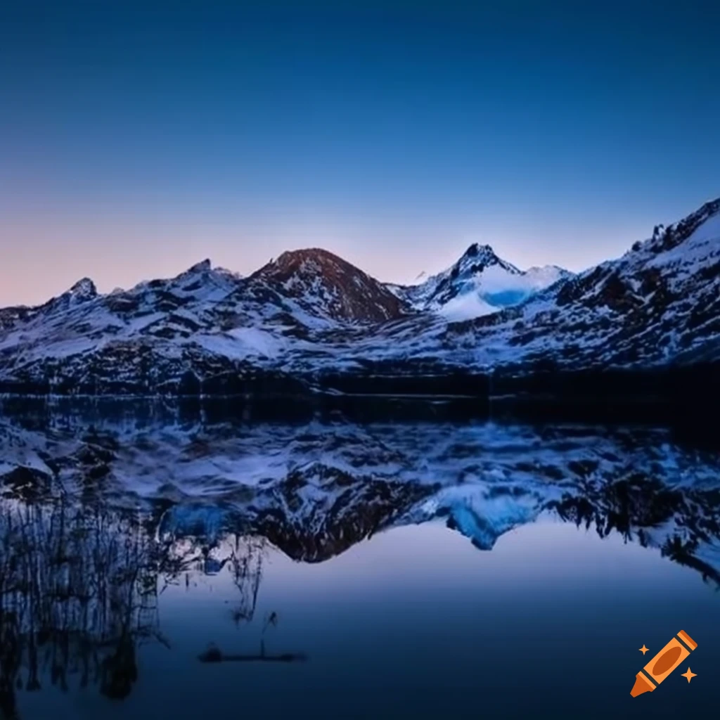 Northern lights over snowy mountain range with lake in foreground