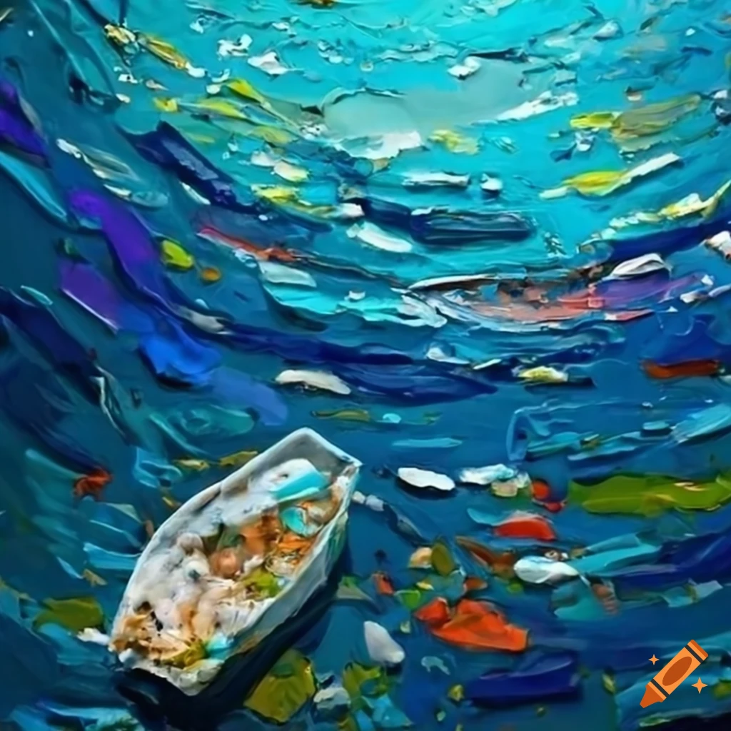 Rubbish floating in the ocean with an impasto style