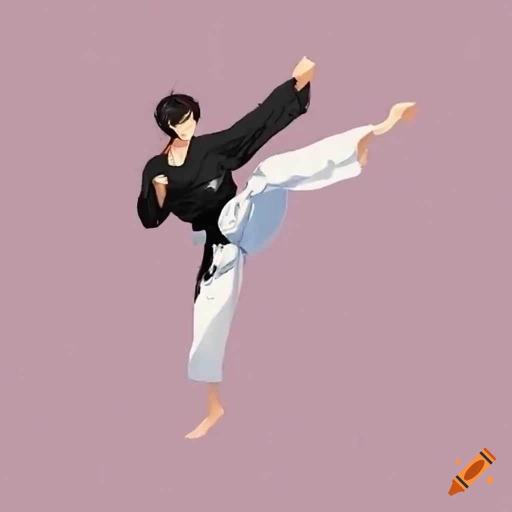 Asian brushstroke minimalist character in Taekwon-do dobok performing a high kick