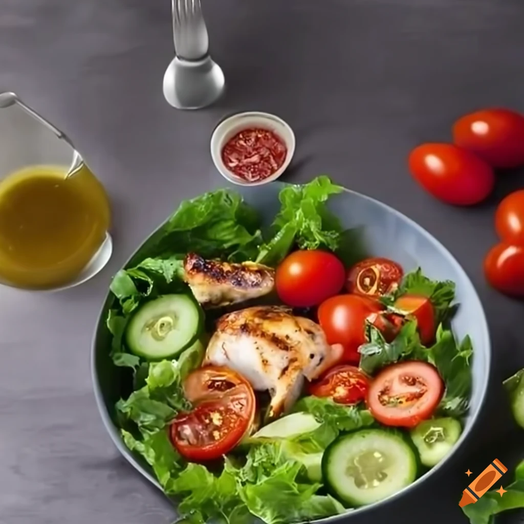 Tempting salad bowl with fresh greens, cherry tomatoes, cucumbers, and grilled chicken