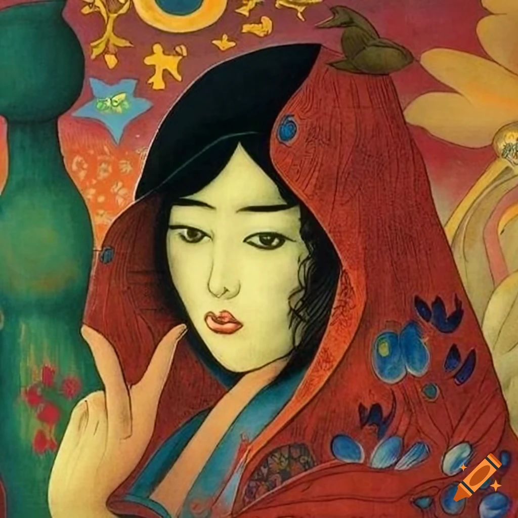 Illustration of mystical Raven and elegant Mother Goose in hooded cape and peacock outfit