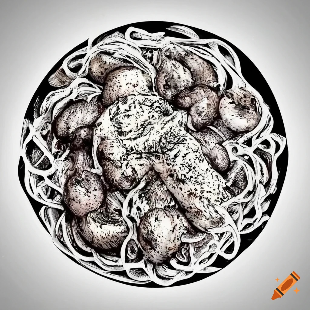 Pasta with chicken and champignon sauce in black and white drawing