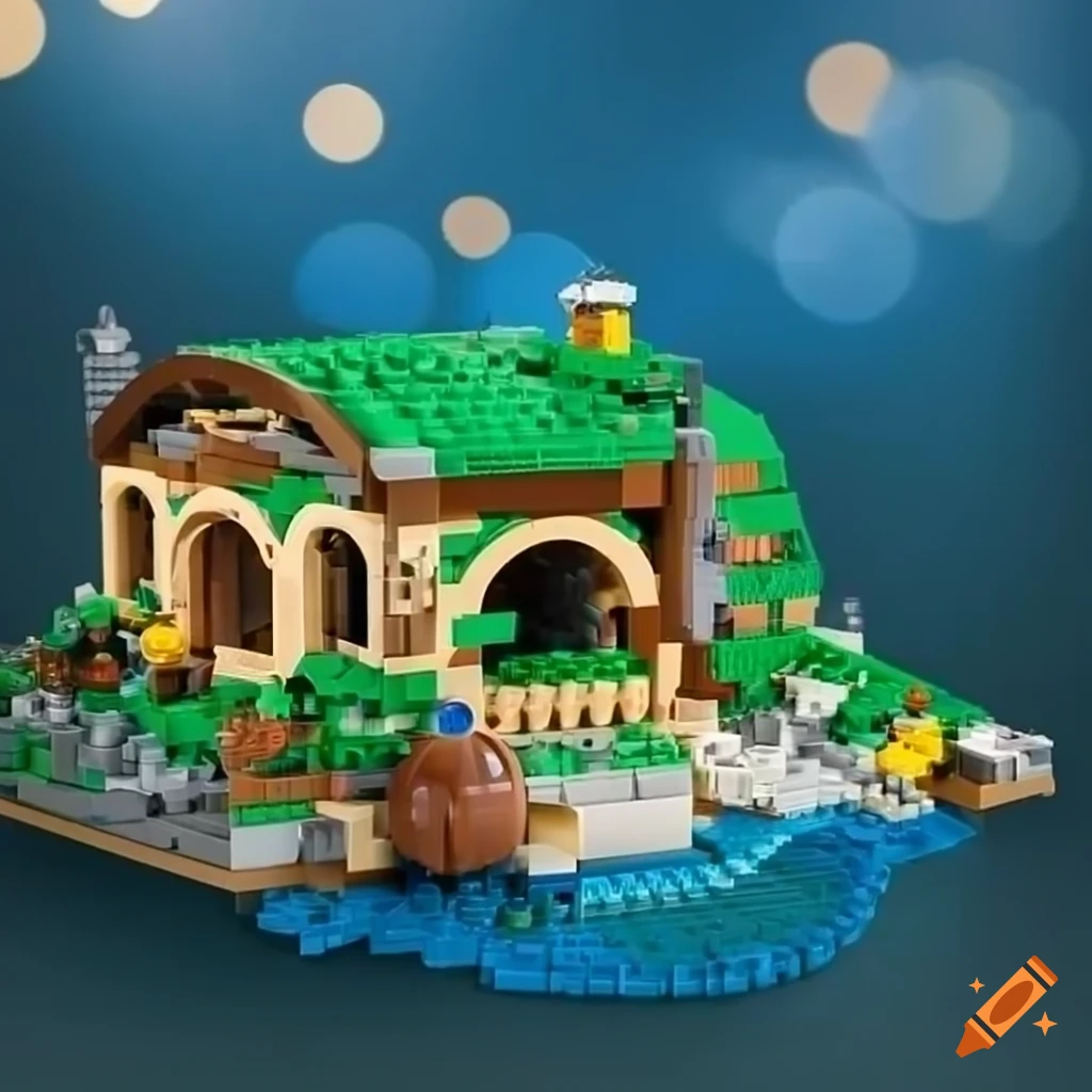 Lego hobbit house on mountain with LEGO lake in bokeh background