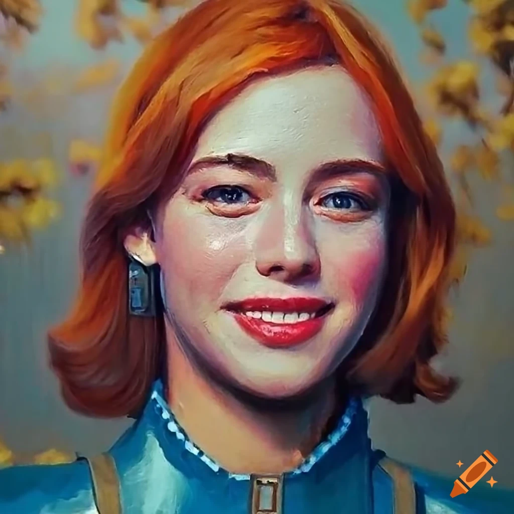 Hyperrealistic portrait of a retro actress in a blue leather vault-suit in a blooming forest setting