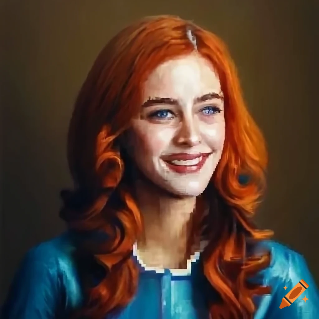 Photorealistic portrait of a smiling actress in blue leather vault-suit in a blooming forest