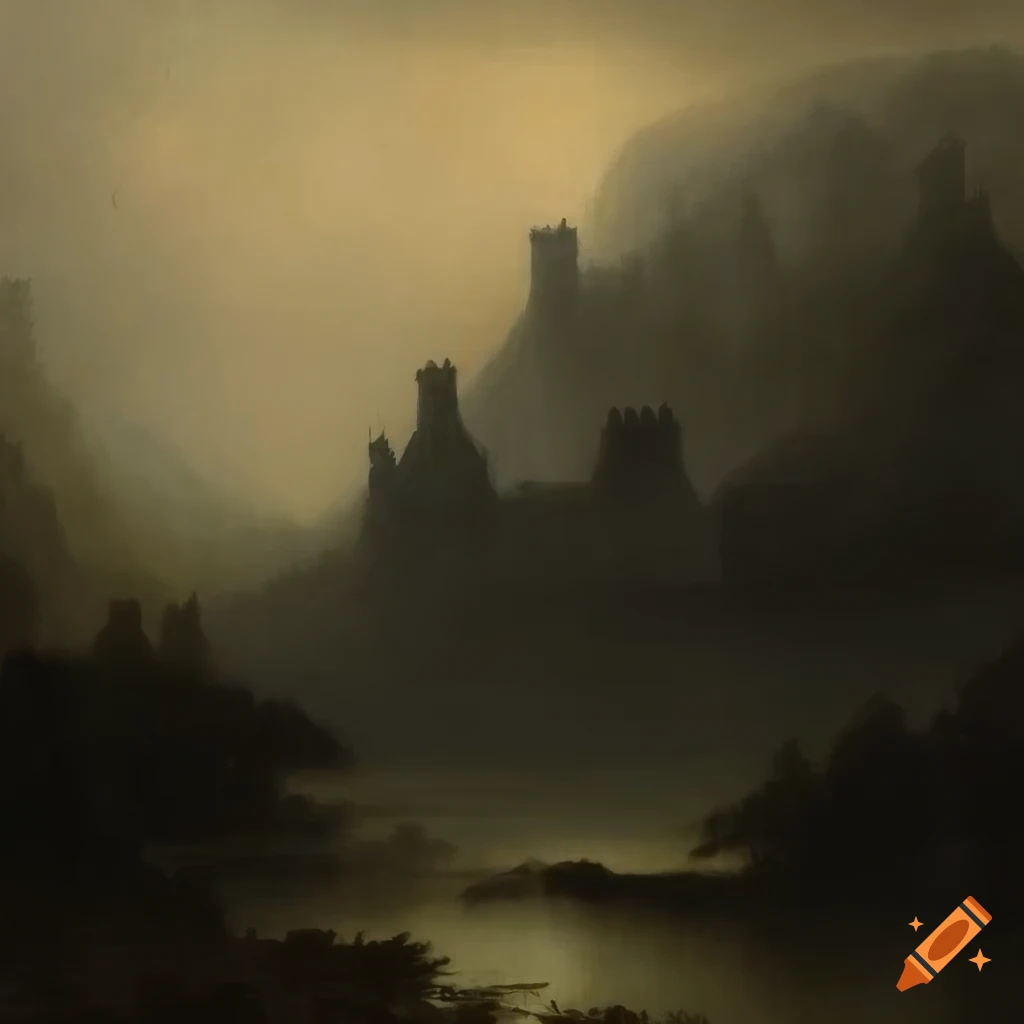 1800s gothic oil painting of dark castle on foggy mountain at night