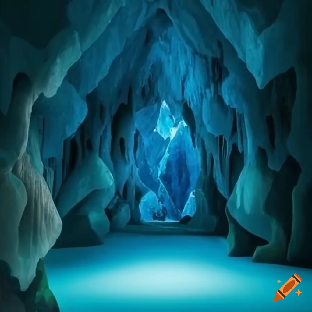 Mystical cave with aquamarine crystals and a podium in the center