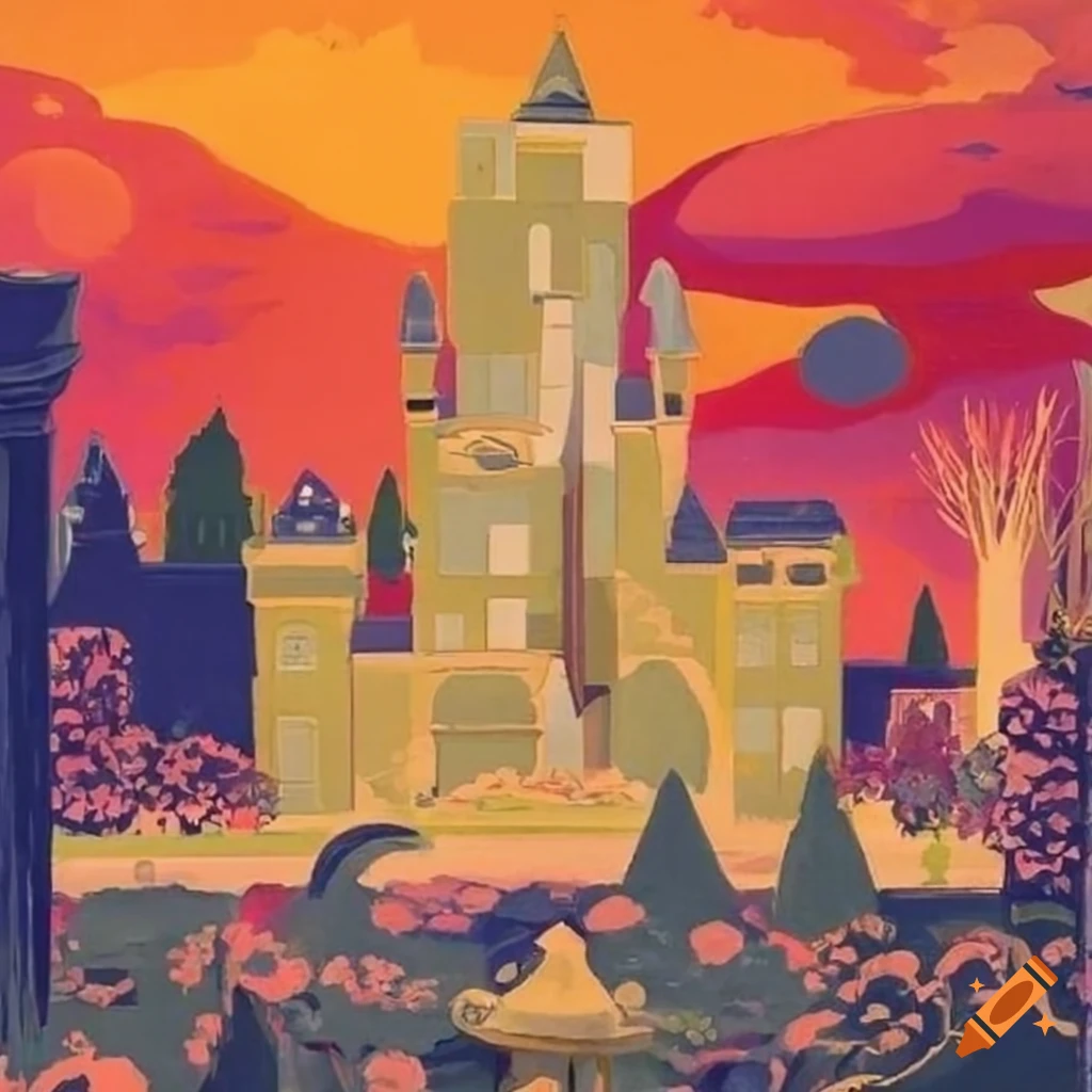 Art deco castle and garden in Georges Barbier style