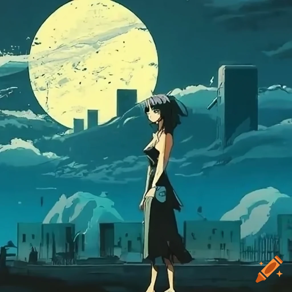 Climate change impacting urban landscape with anime character in the foreground