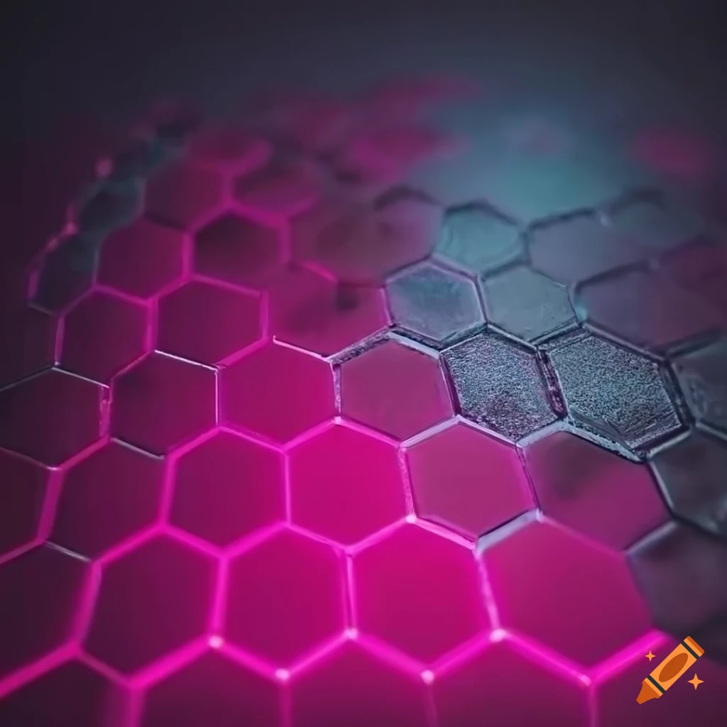 Metal mosaic wall in hexagon shapes with worn-out, rusty appearance under neon pink lighting