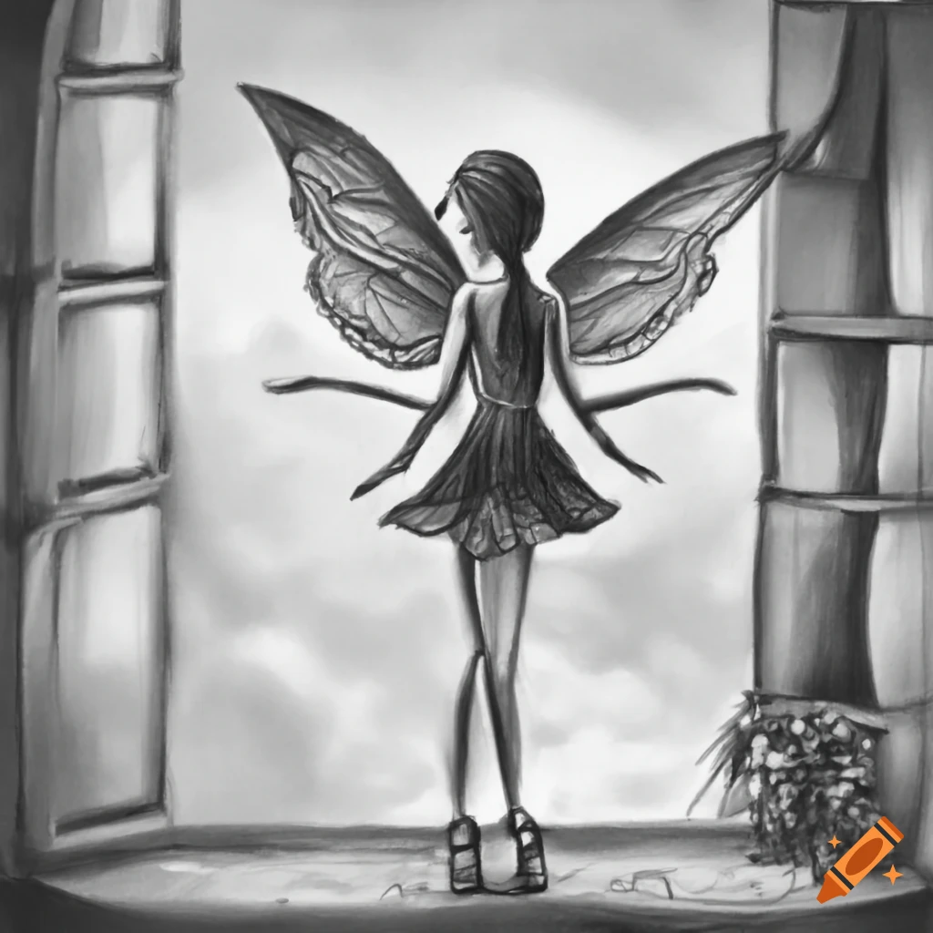 Black pencil drawing of a sad fairy on a windowsill gazing into the distance