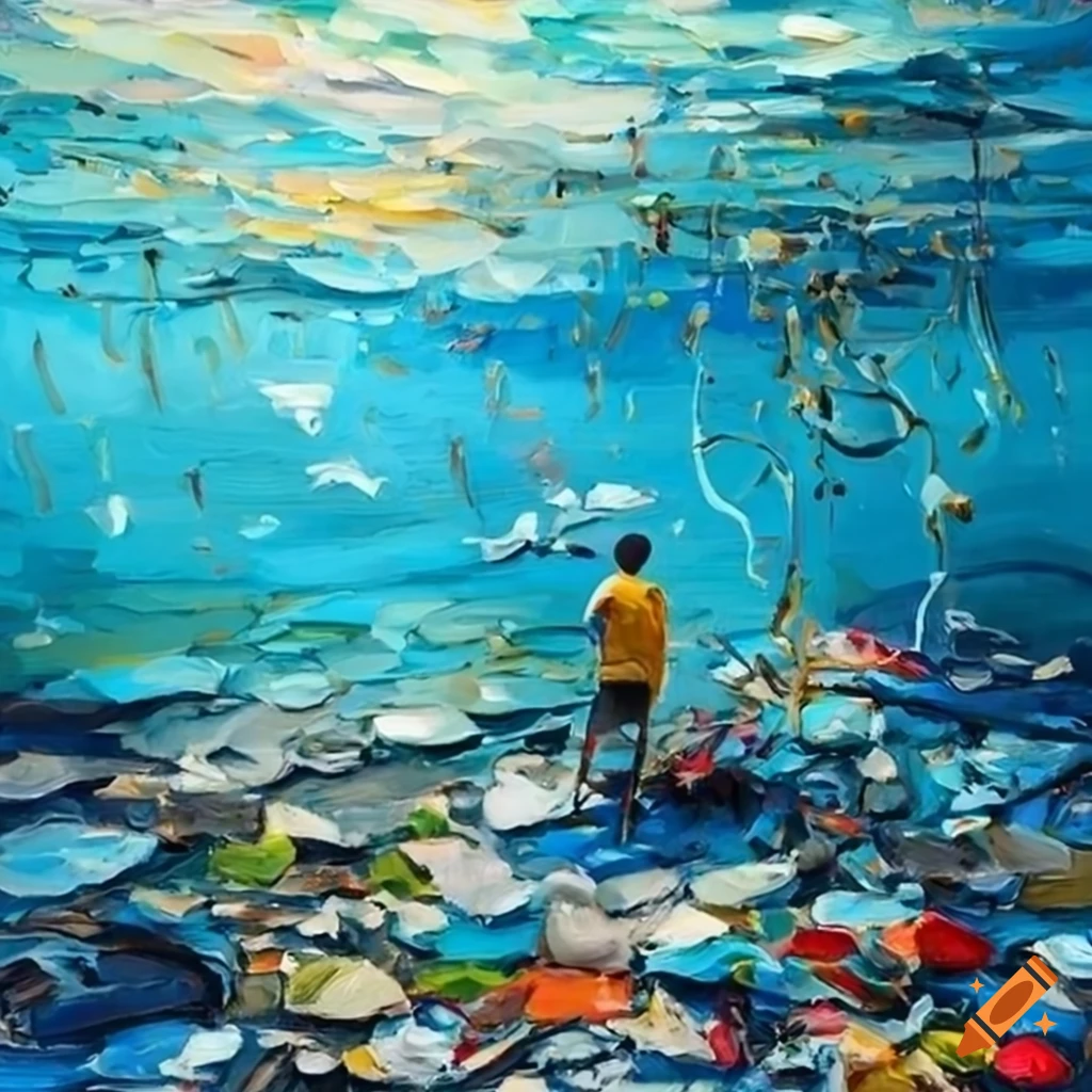 People cleaning up ocean rubbish in an impasto style