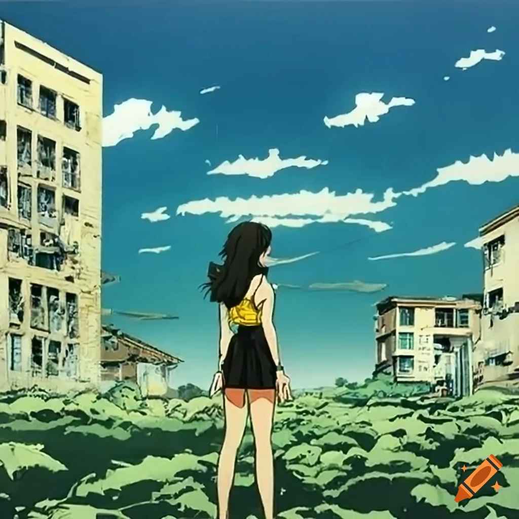 Urban landscape destroyed by climate change with anime character in the foreground