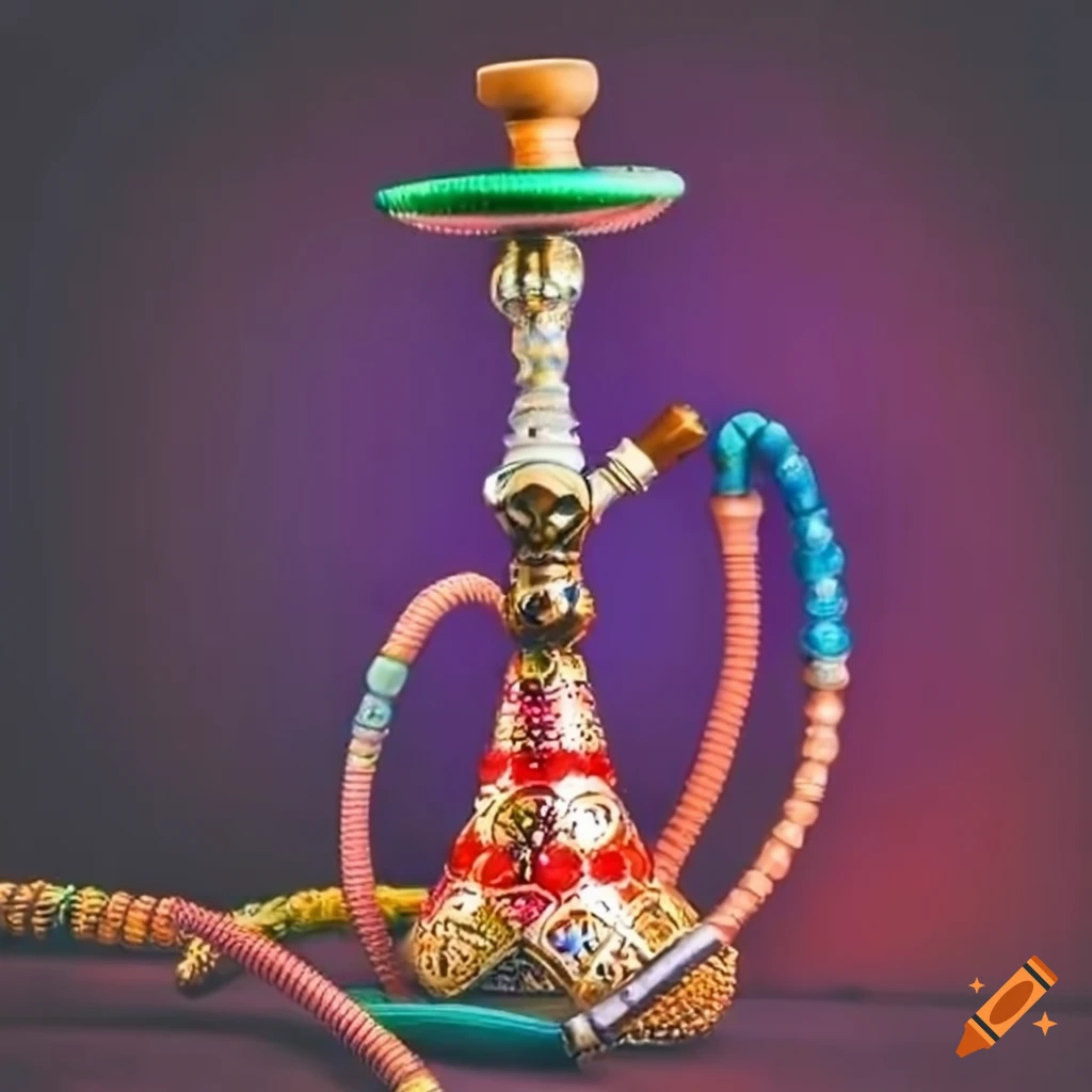 Colorful decorated hookah pipe in a Middle Eastern setting