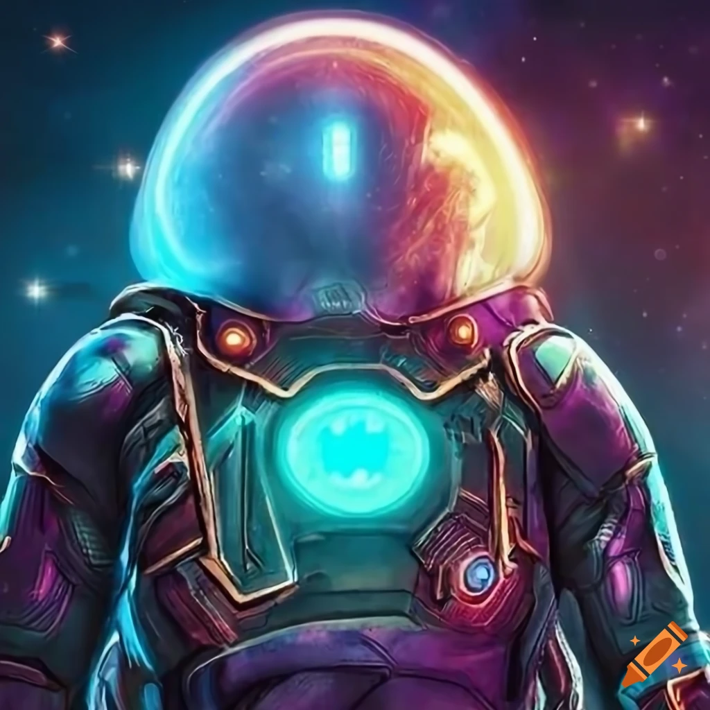 Cyberpunk space suit with colorful clouds within the helmet in a mysterious setting