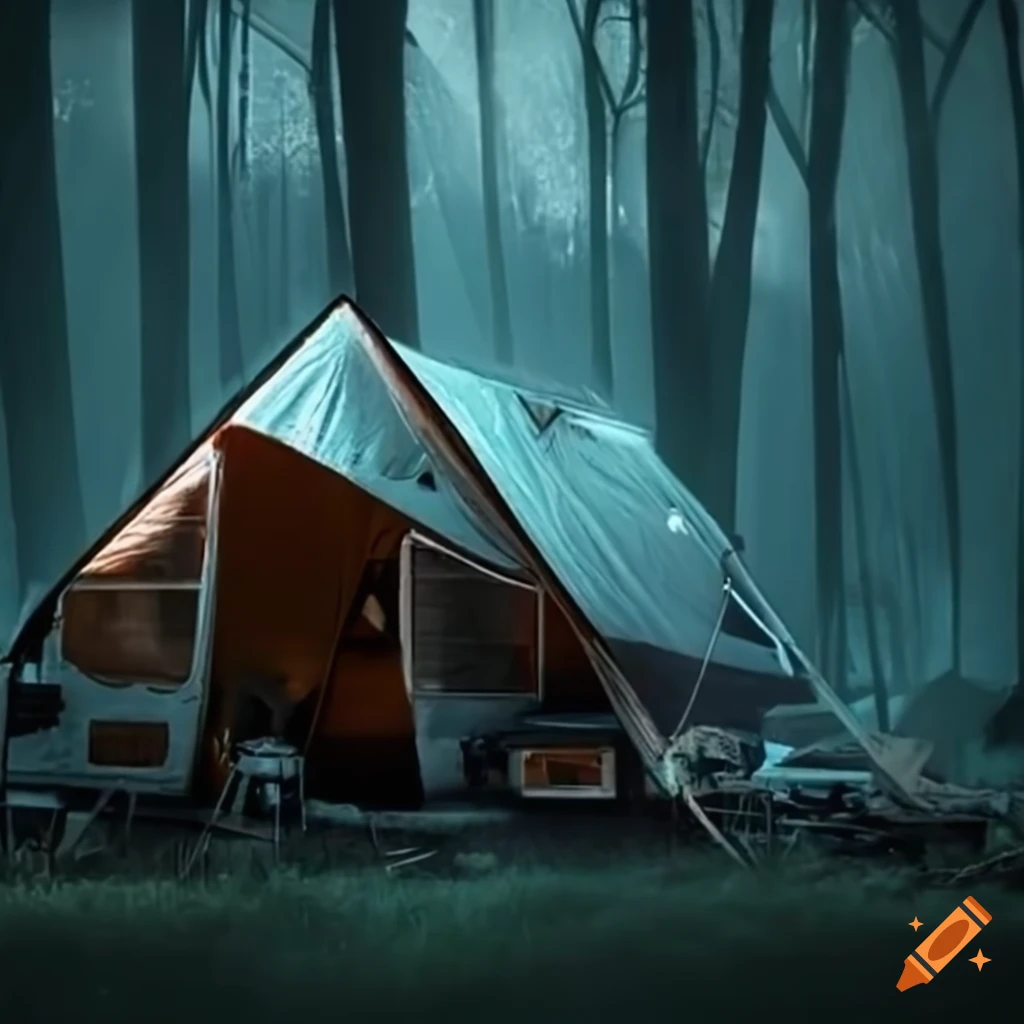 A-frame RV camping trailer under attack by insects in HR Giger style