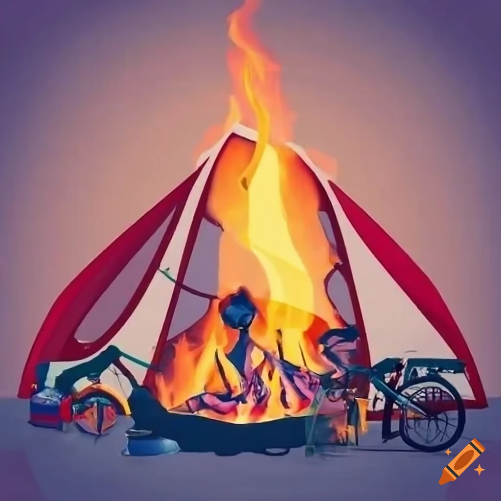 People relaxing by a campfire with bicycles and tent in the background