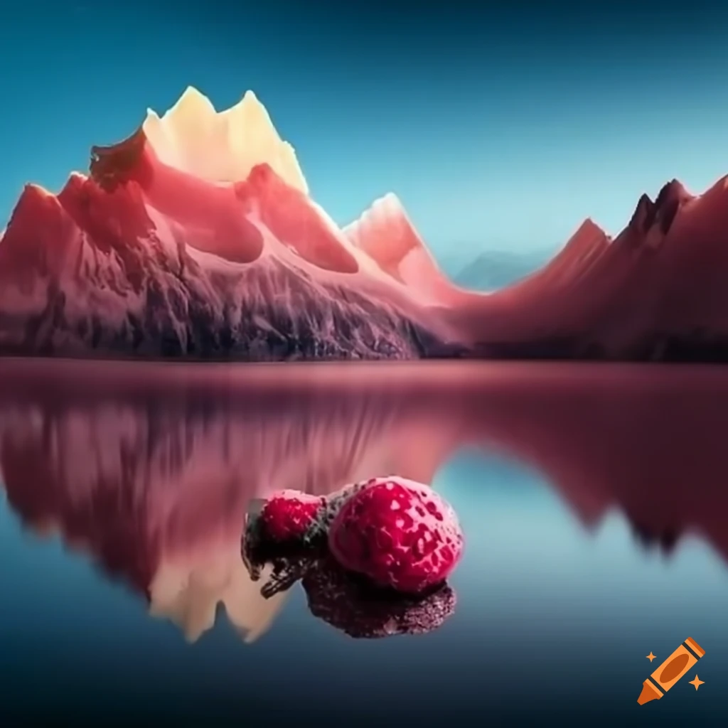 Surreal landscape with strawberry ice cream mountains on Craiyon