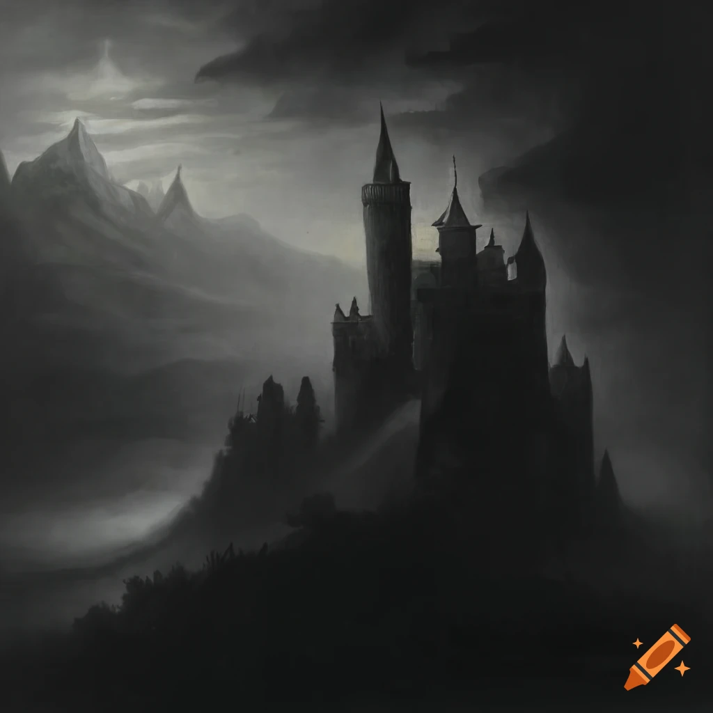 Gothic oil painting of a dark castle on a foggy mountain at night in black and white
