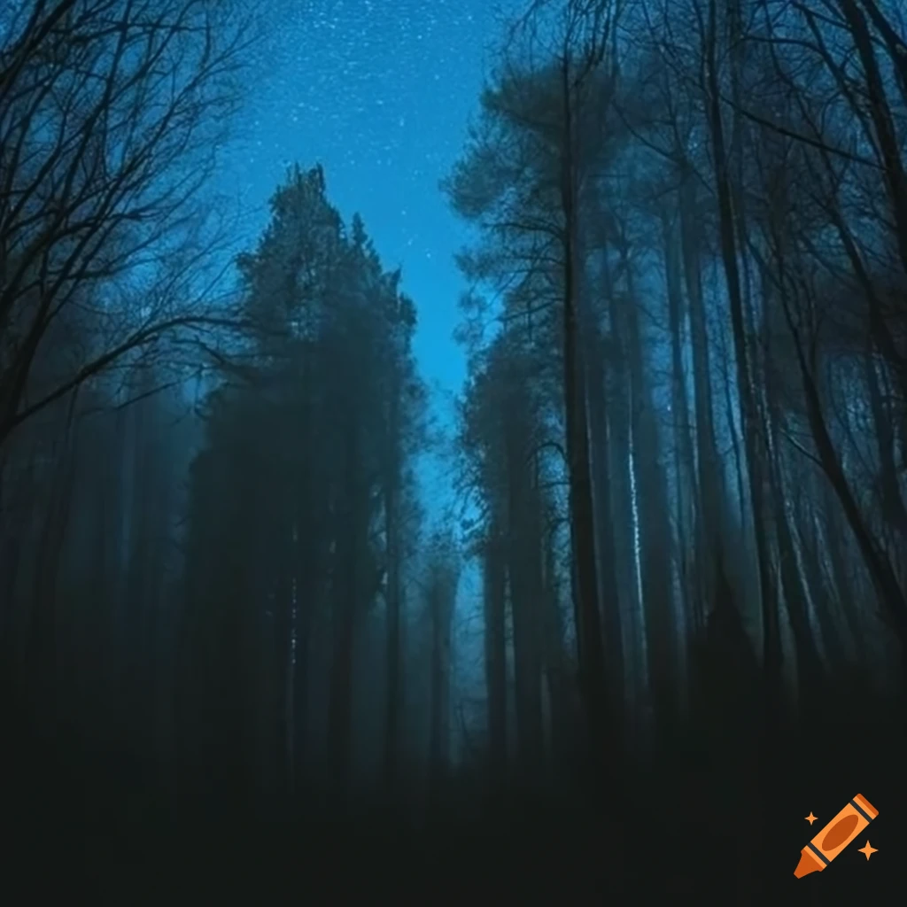 Nighttime forest with a blue sky in a photograph