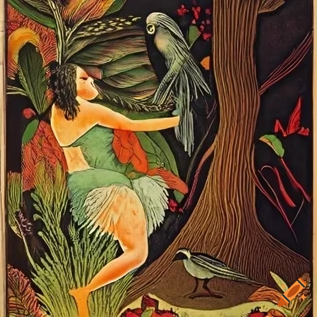 Illustration of Curandera Raven and Mother Goose in dark hooded cape and elegant peacock attire