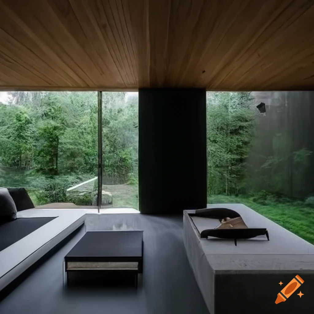 Stunning modern concrete house with wooden accents, glass, and Zen garden