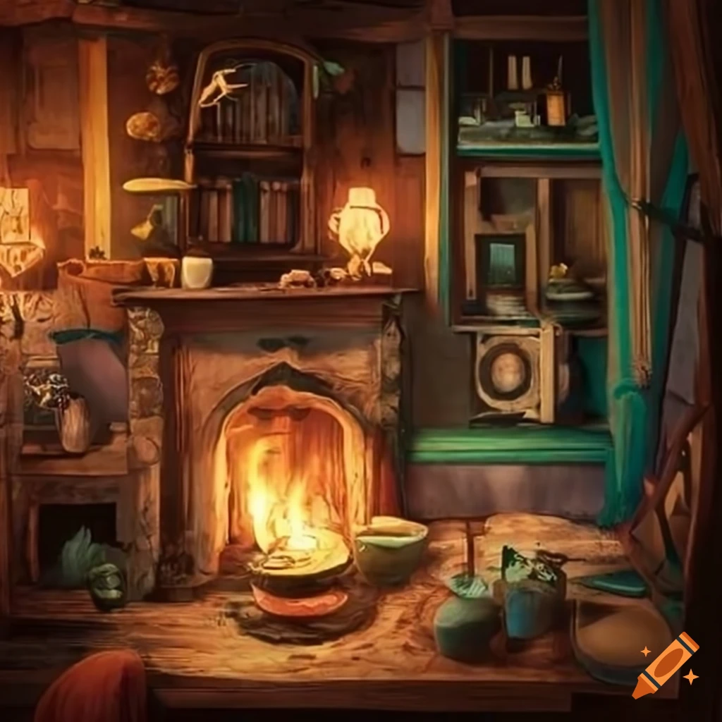 Interior of a herbalist and alchemist cottage in a fantasy setting