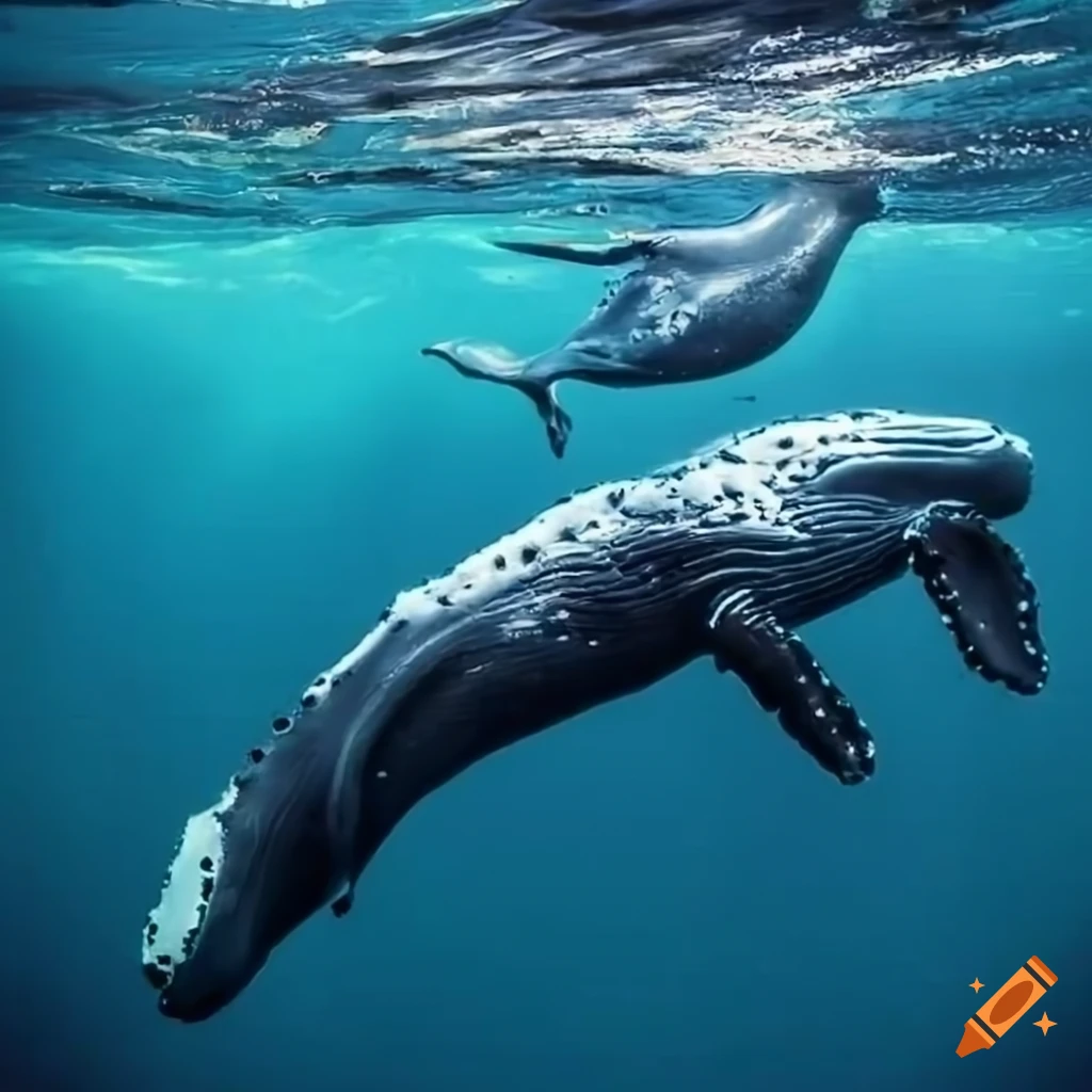 Humpback whale with its mother in impasto style