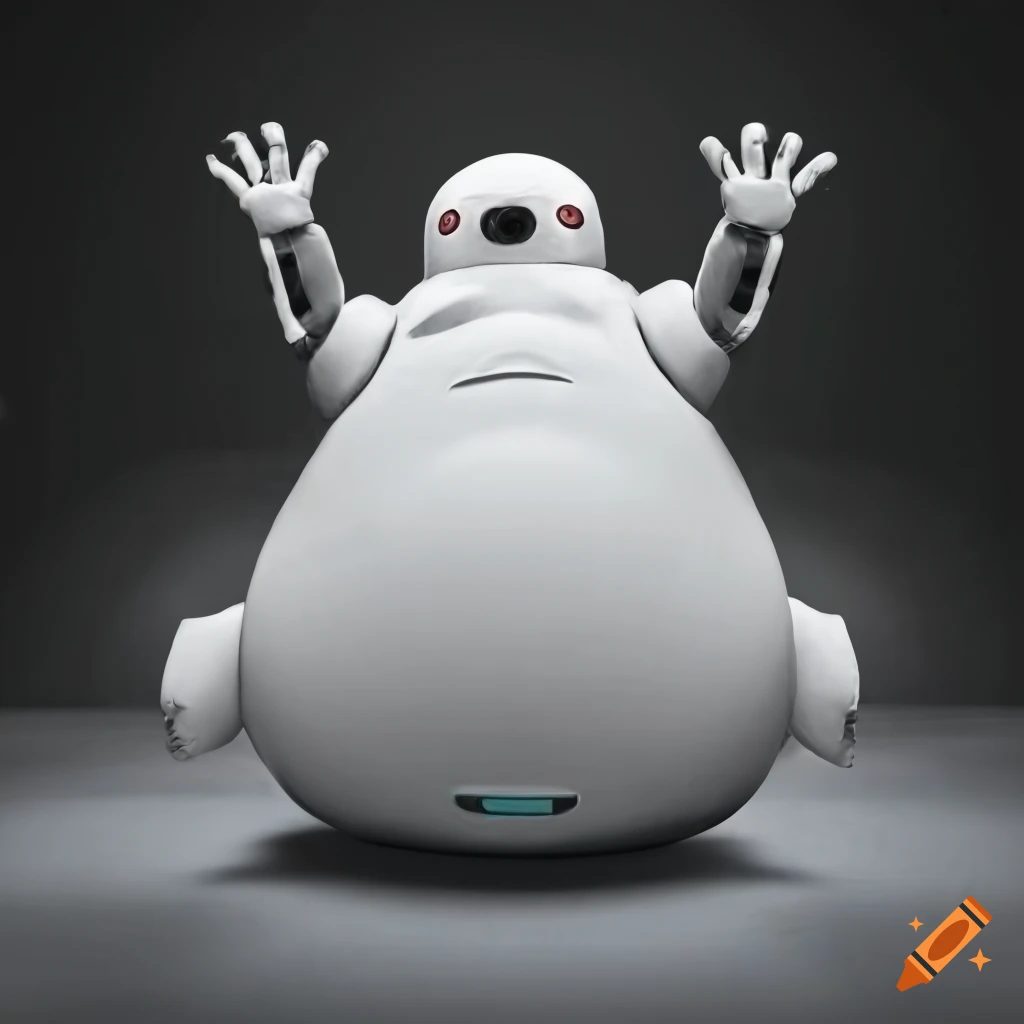 Giant chubby white inflatable futuristic latex robot in a dark sci-fi test chamber with red neon lights