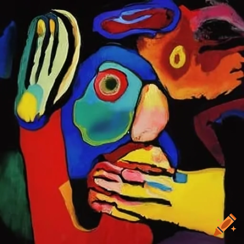 Colorful painting of a begging hand by Kandinsky and Karel Appel