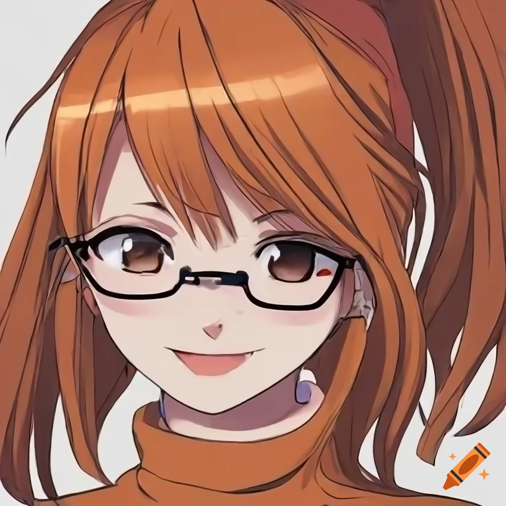 Anime-style girl with long orange hair in a ponytail and circular glasses