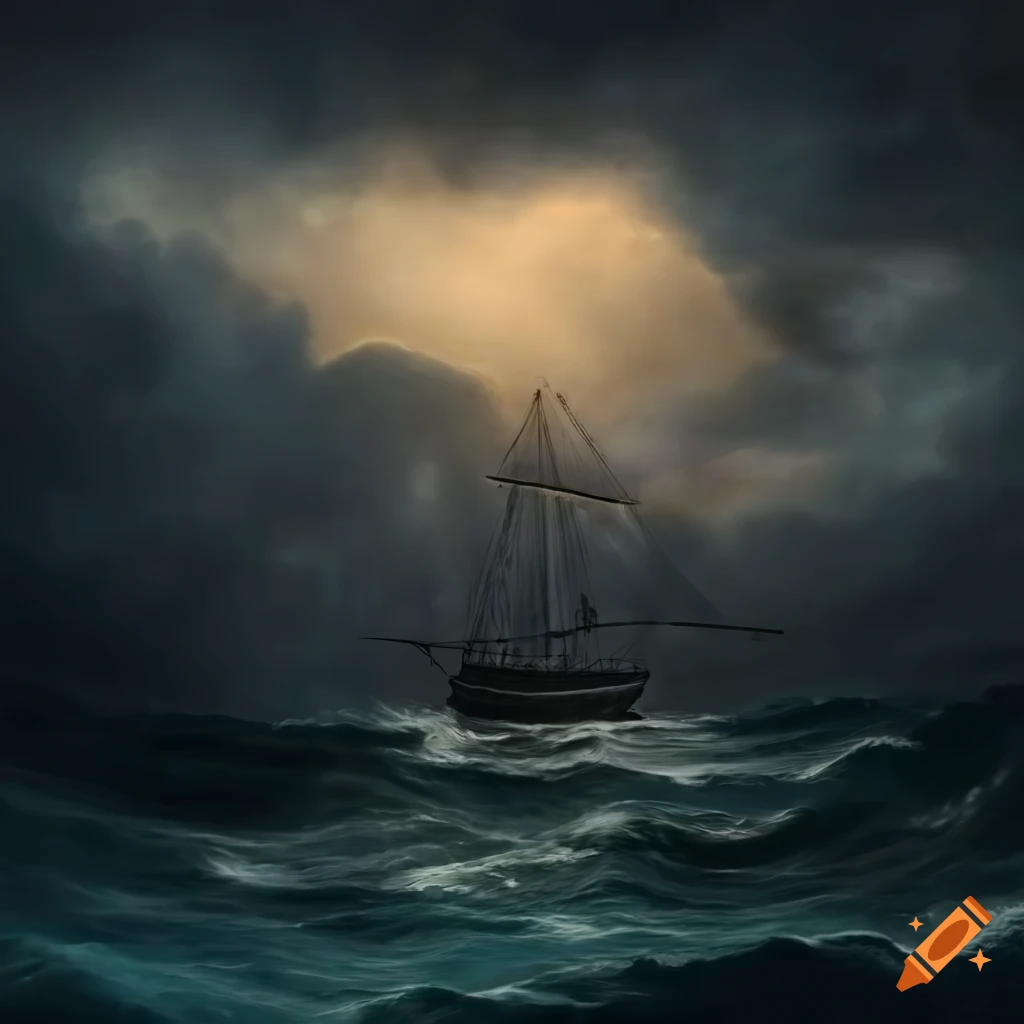 Roiling ocean storm with a 17th century sailing ship amidst dark clouds