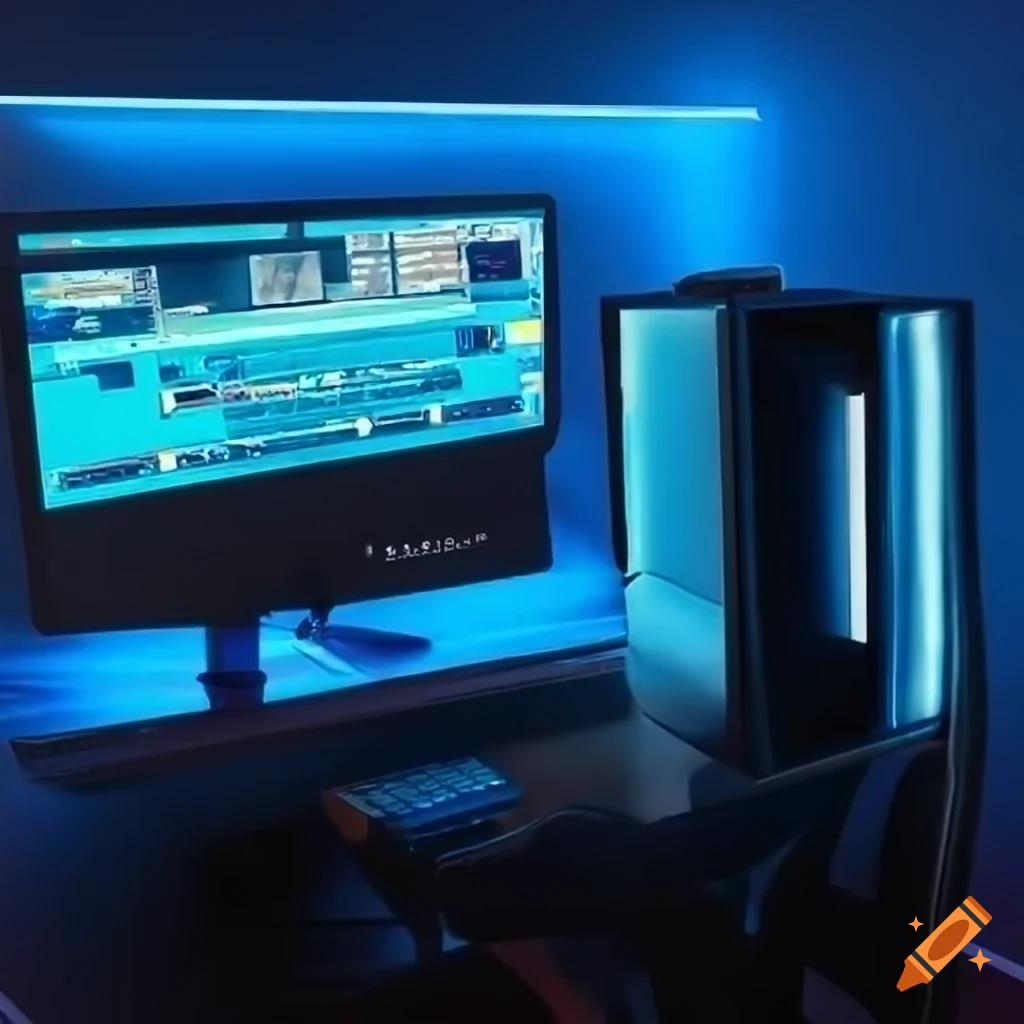 Room with computer tower coding screens and person in gaming chair on