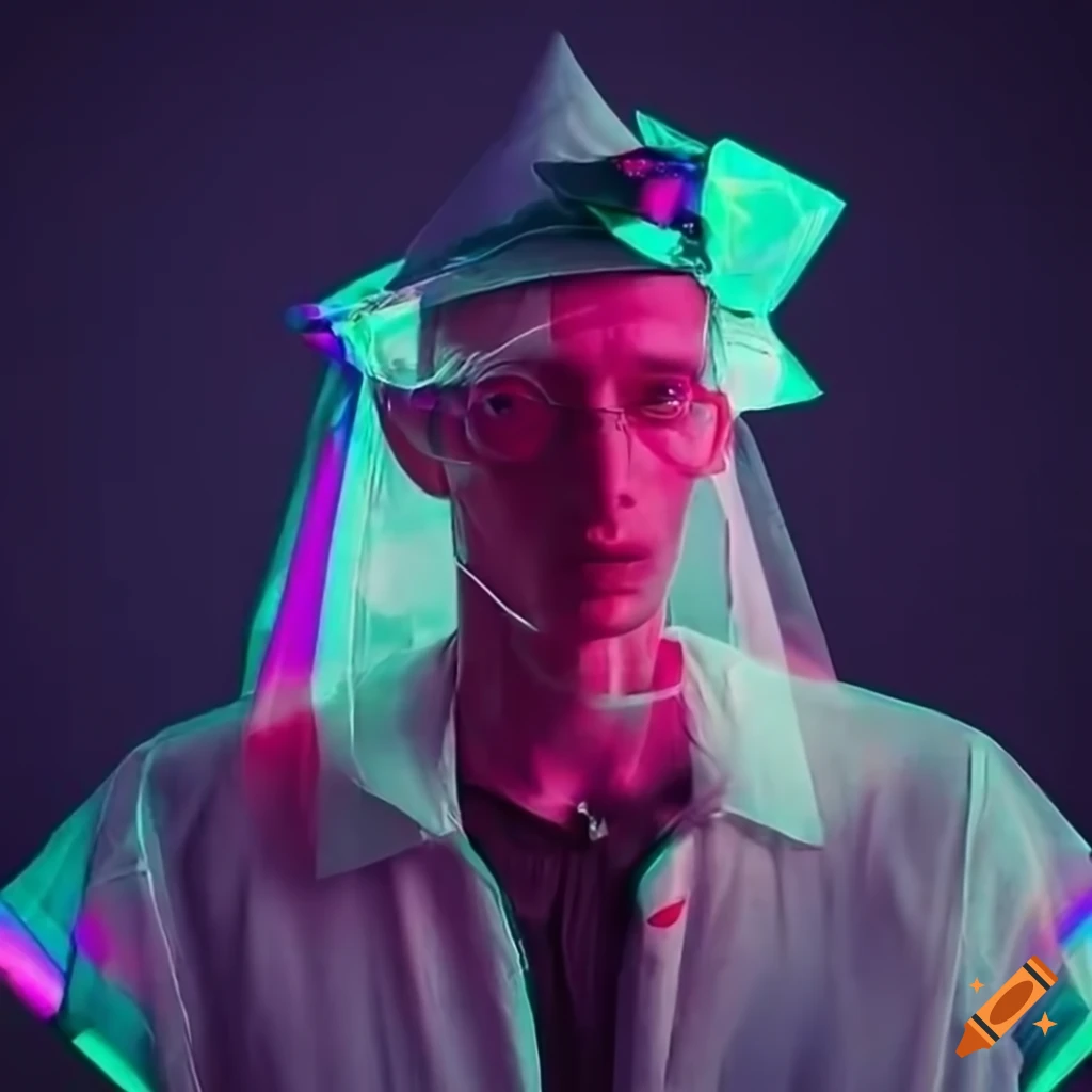 Hyperrealism image of a futuristic male in transparent streetwear and elaborate hat