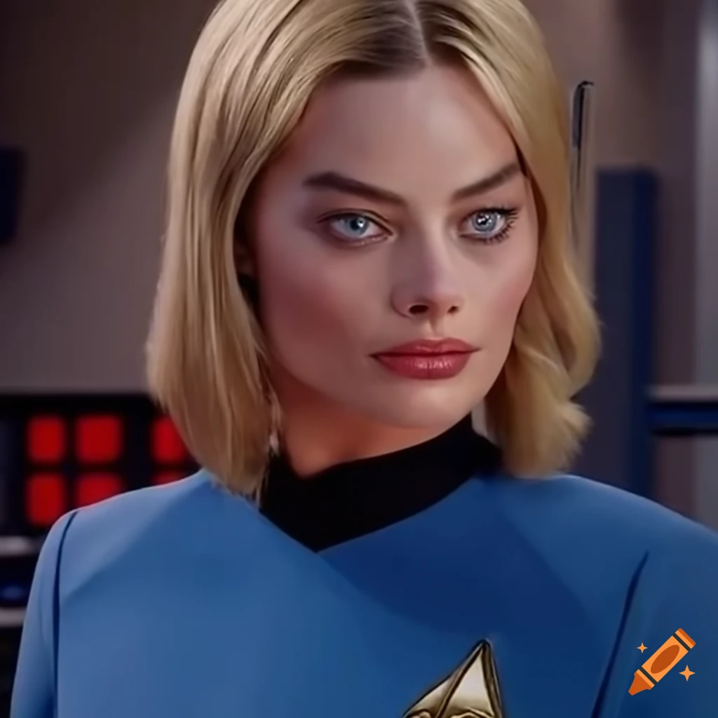 Margot Robbie boxing in a blue Star Trek uniform