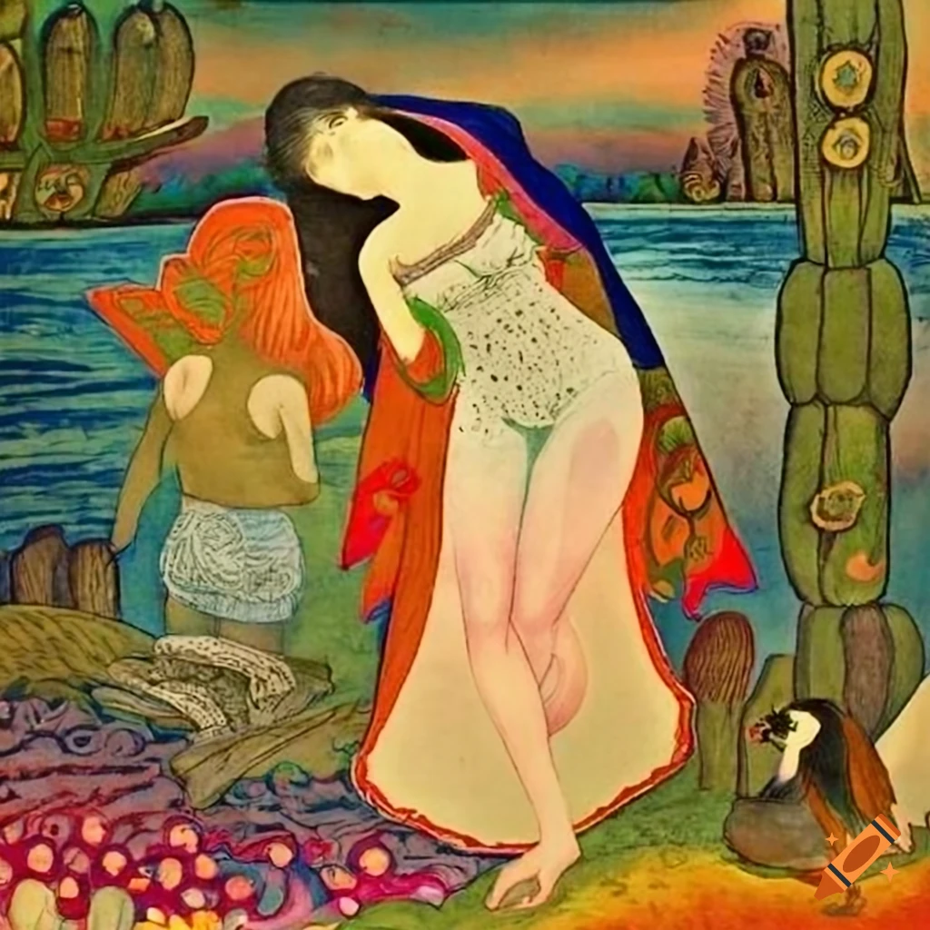 Illustration of mystical Raven and elegant Mother Goose in hooded cape and peacock outfit