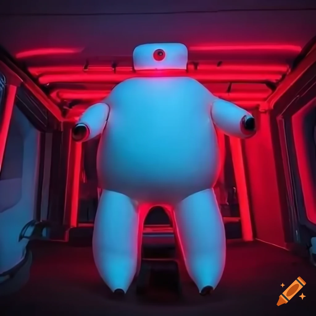 Giant inflatable white robot in dark sci-fi chamber with red neon lights