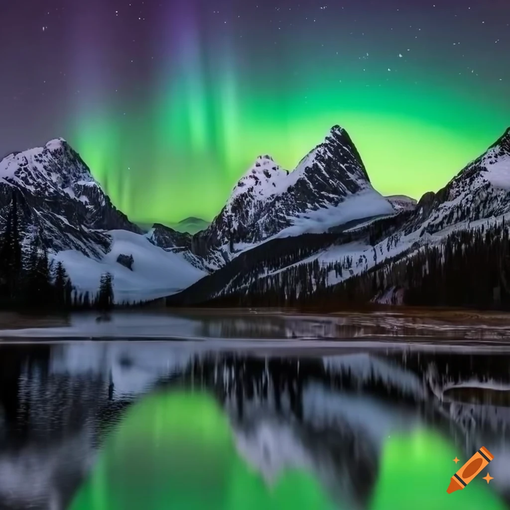 Northern lights reflecting on snow-covered lake surrounded by mountains