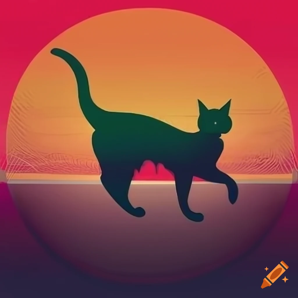Group of five cats in retro style with cityscape background at dusk