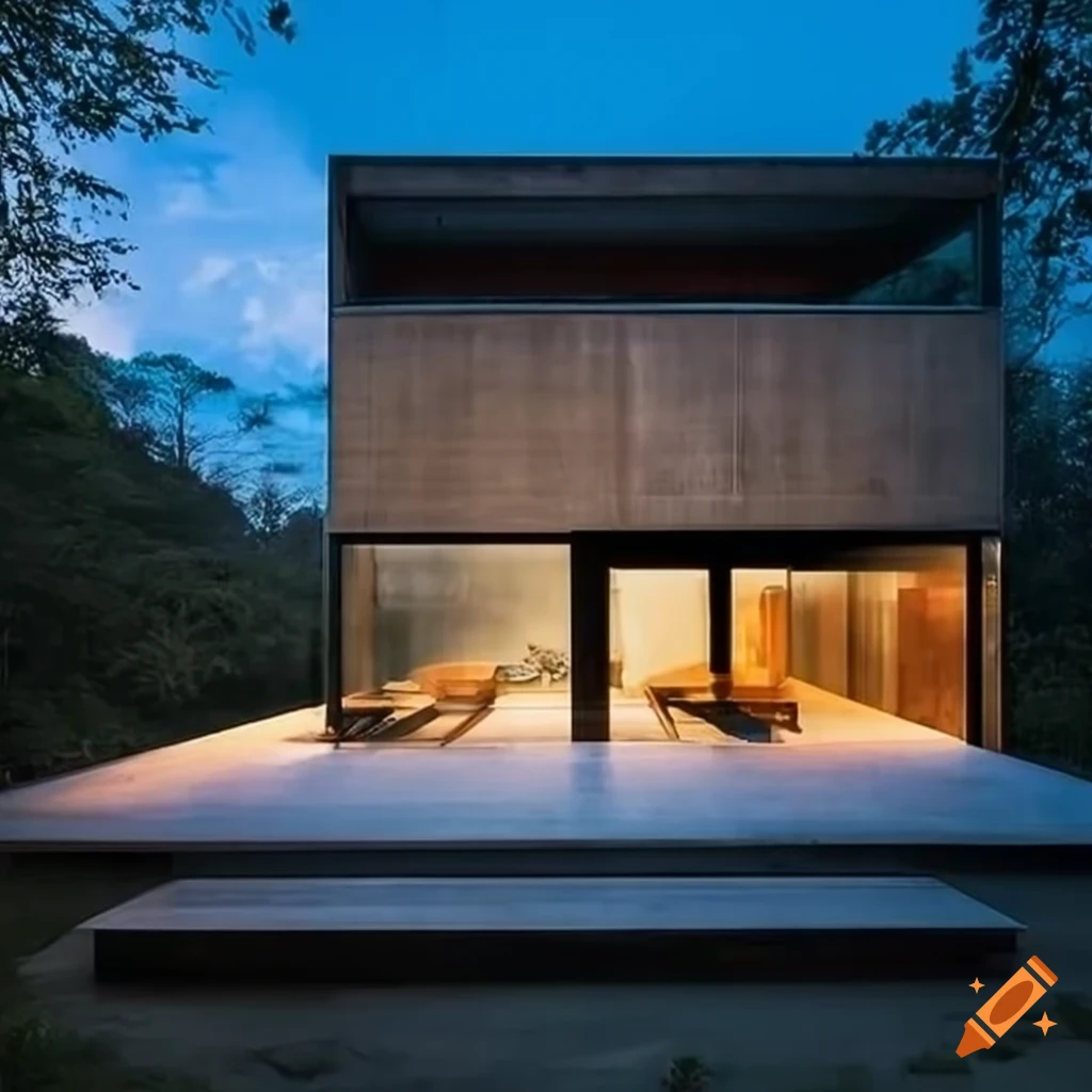 Modern concrete house with wooden accents, glass, minimalist interiors, Zen garden, and forest view from outside